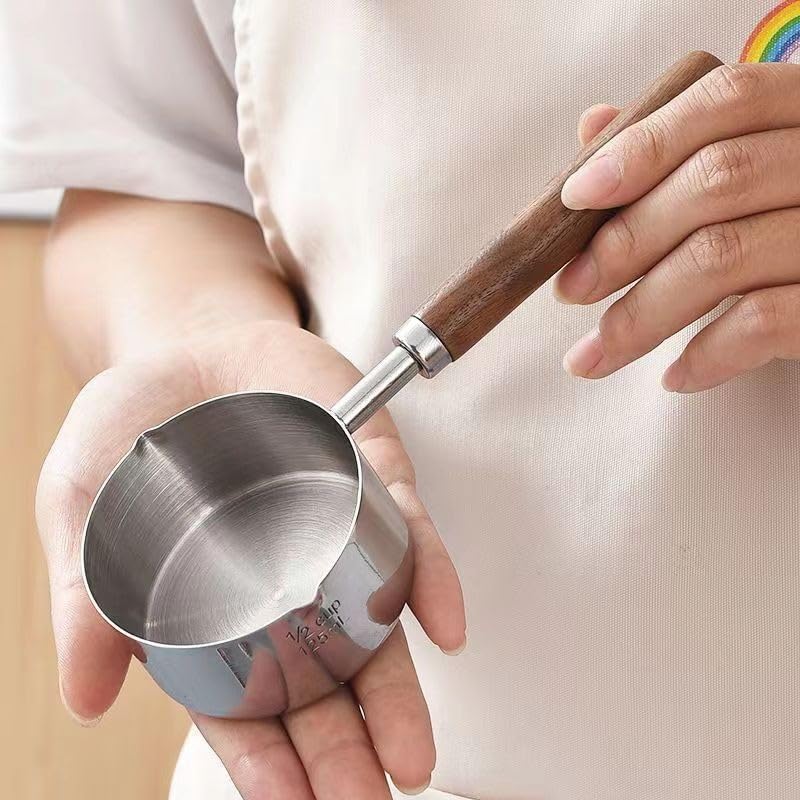 Stainless Steel Mini Butter Warmer – 8.5oz (250ml) with Dual Spouts & Wooden Handle, Ideal for Milk, Coffee, Butter, Chocolate, Baby Food & Sauces