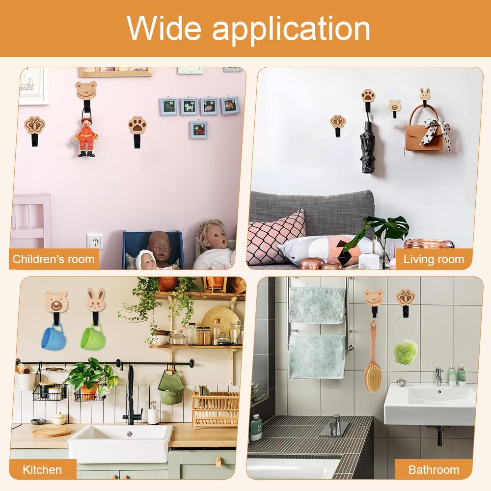 7 Ganchos de Pared para Infantil de Madera, Gancho de Pared Autoadhesivo Infantil con Forma de Animal, Perchero Infantil, Colgador de Pared, Colgador de Pared de Madera para Habitación, Baño