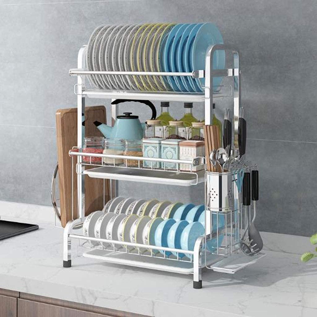 MYUYEE Dish Drainer Rack Dish Drying Rack 3-Tier Dish Drainer With Drip Tray, Spice Rack Stainless Steel Drain Storage Rack Kitchen Organizer Shelf With Drain Board, Utensils(Silver)