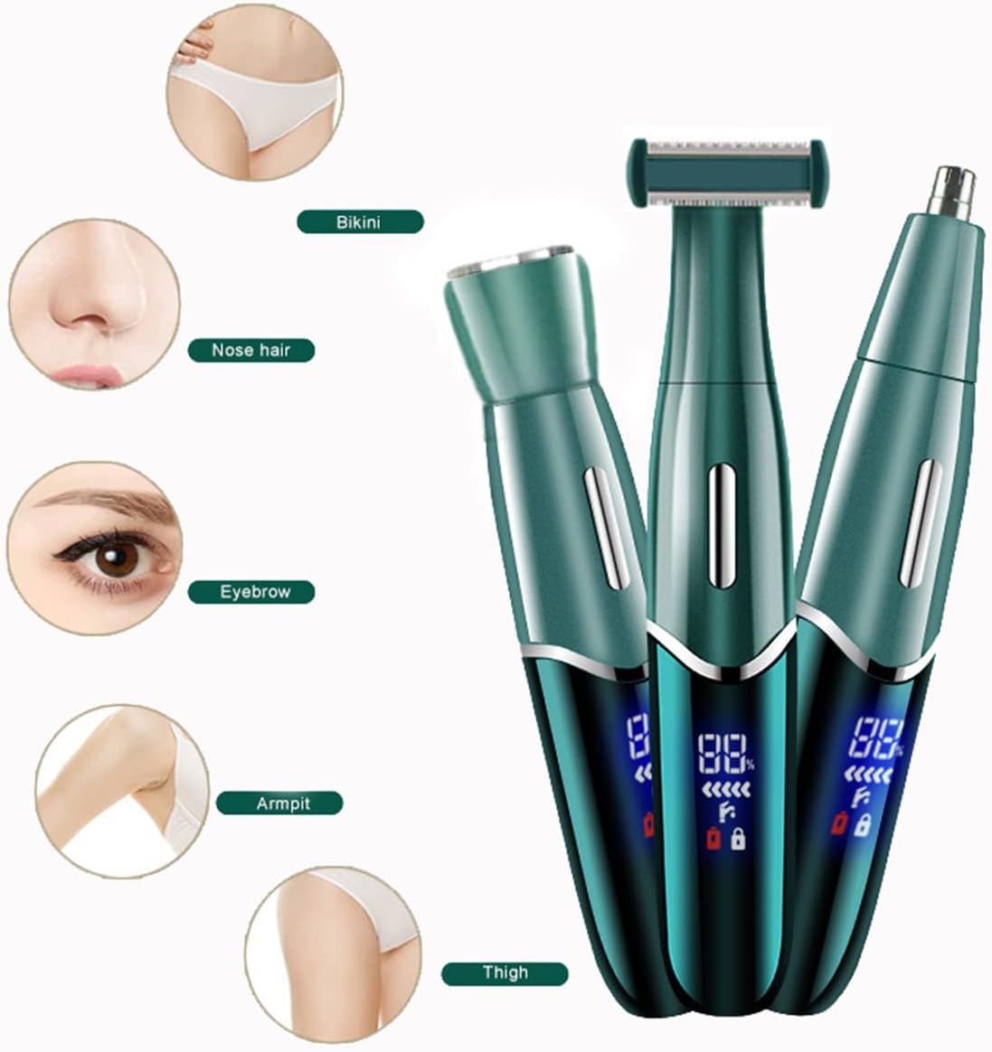 Electric Shaver for Women, 4 in 1 Lady Shaver Bikini Trimmer Rechargeable Electric Razor Wet and Dry Hair Removal for Face Eyebrow Nose Fingers Arms Legs Underarms (Green)