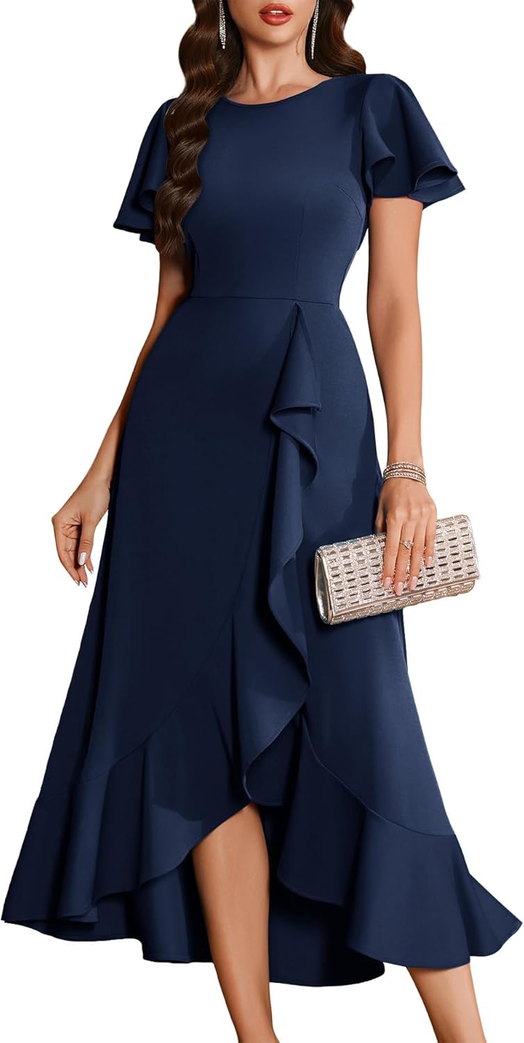 BeryLove Women Formal Party Dresses Flutter Short Sleeve Wedding Guest Cocktail Long Evening Dress S007 Z-Navy M