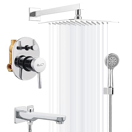 Oyster Flora, High Flow Brass Concealed Body Diverter Full Set With Overhead Showers and Bath Tub Spout | Bathroom Shower System With Exposed Part Kit | Bathroom Mixer (Chrome)