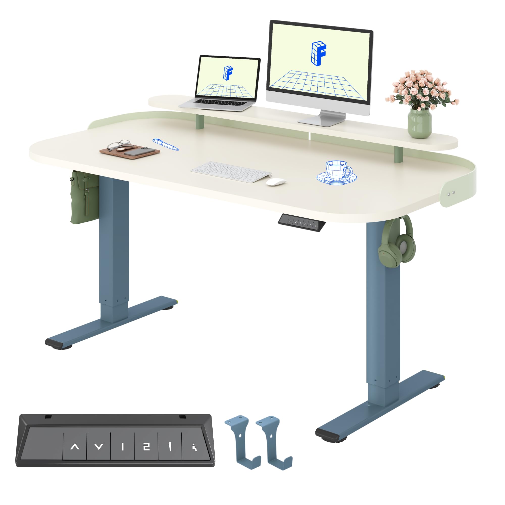 FLEXISPOT Standing Desk ONE PIECE Desktop Electric Height Adjustable Sit Stand Up with Backpack Hook Memory Smart Panel for Home Office, QN1 140 * 80cm Sierra Blue＋Mousse White — image 1