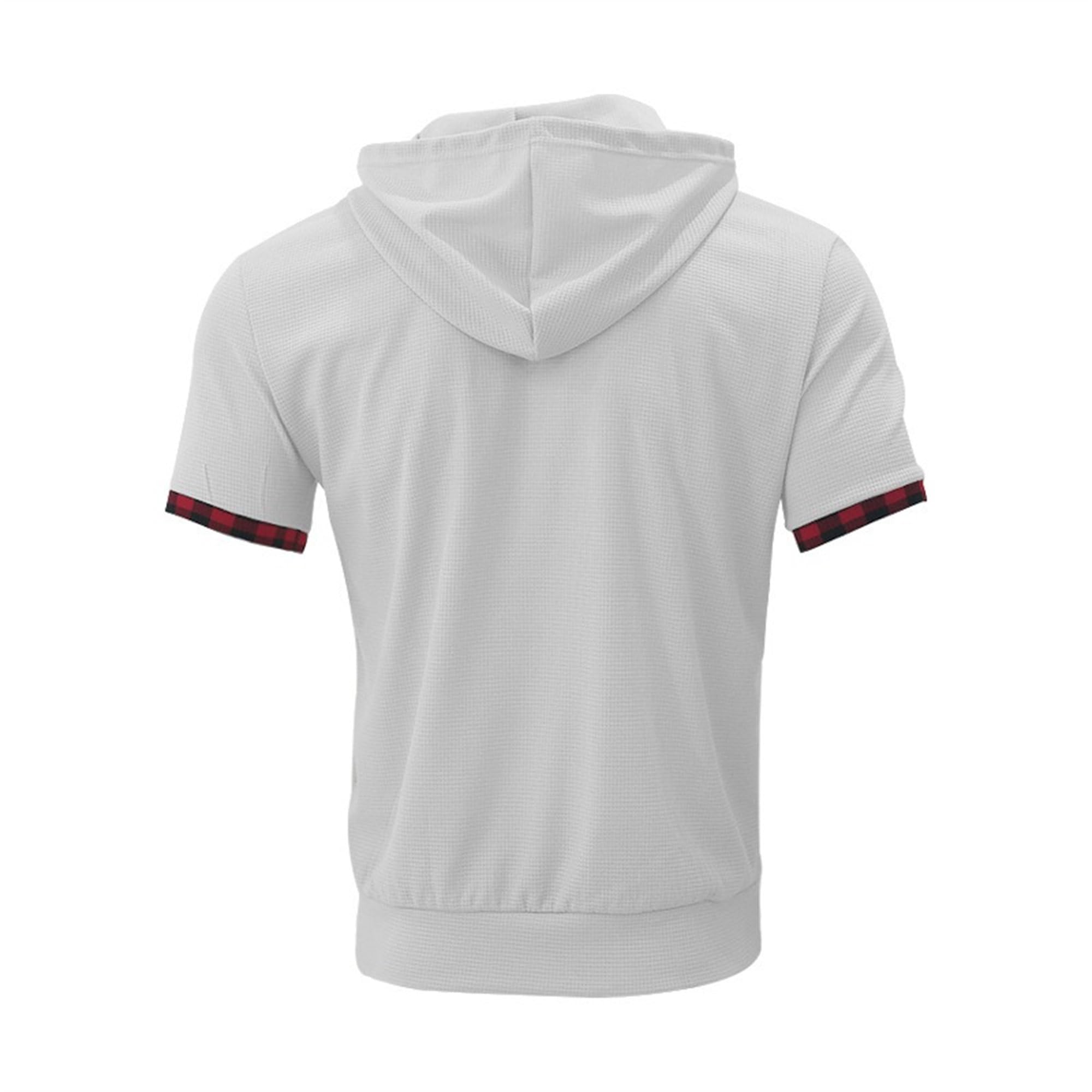 Men Color Block Casual Sports Shirts Drawstring Short Sleeve Waffle Hoodie Summer Exercise Thin Slim Pullover Tops (White,Small)
