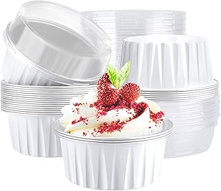 EUSOAR Dessert Cups with Lids, 25pcs 5oz Disposable Ramekins Baking Cups, Cupcake Liners Aluminum Foil Mini Cheesecake Creme Brulee Ramekins Containers for Wedding Party Catering Gathering-White