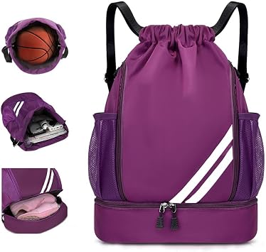 Drawstring Soccer Backpack with Shoe Compartment - Gym Bag for Basketball, Volleyball and Football - Water Resistant Nylon Sports Cinch Sack for Men Women