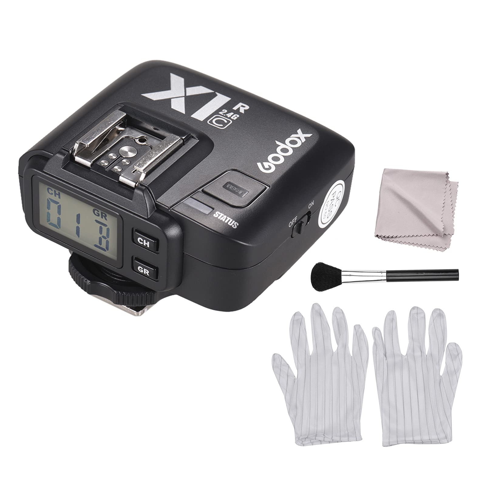 GODOX X1R-C - Ricevitore flash remoto wireless, 32 canali, TTL 1/8000s, compatibile con fotocamere Canon EOS, kit di pulizia 3 in 1 con guanti antistatici, spazzola per obiettivi, panno di pulizia