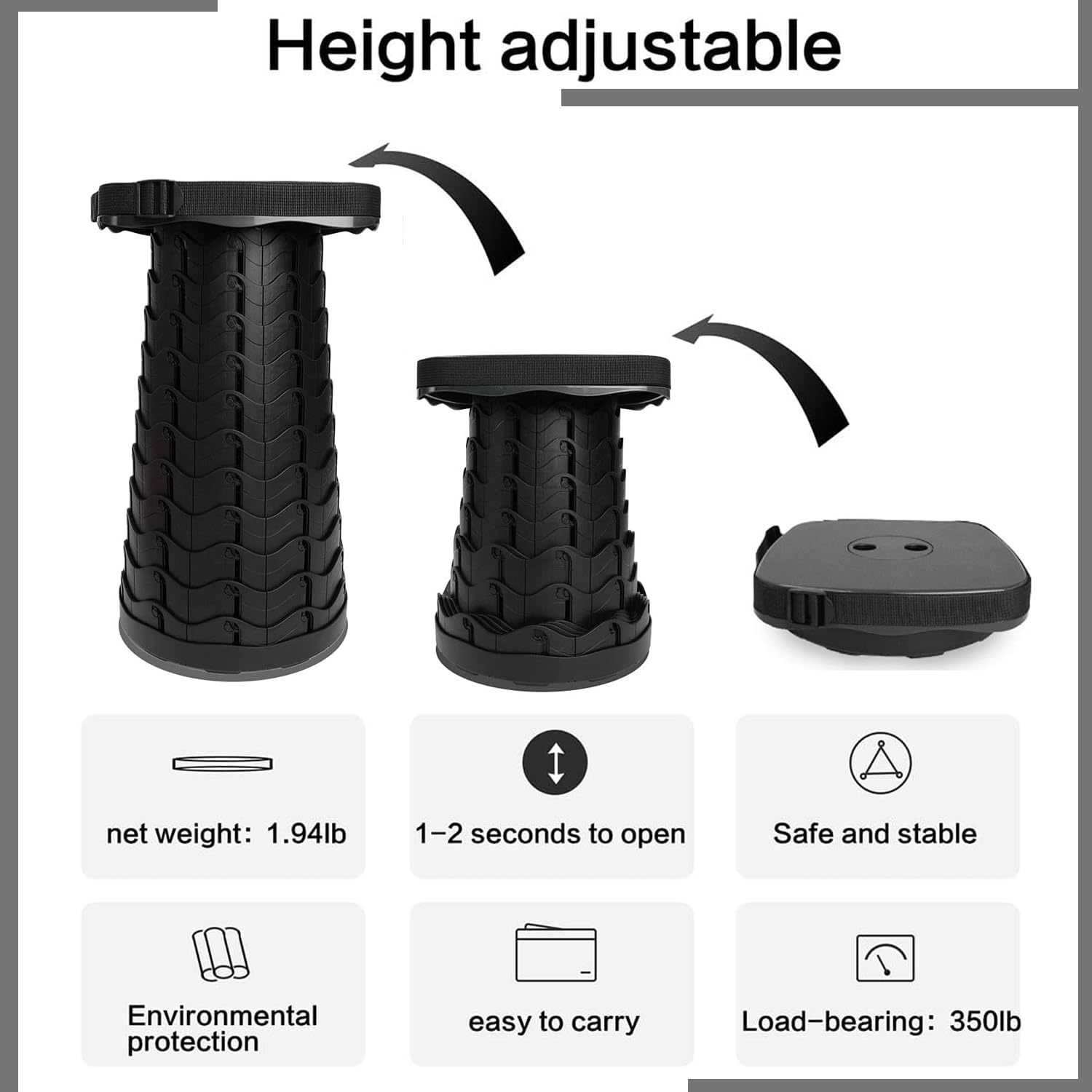 Telescopic Stool for Adults- Collapsible Stool with Cushion and Bag - Portable Collapsible Stool for Camping-Fishing-Hiking-BBQ - Sturdy Foldable Pop Up Stool - Lightweight and Compact Cyclone Seats