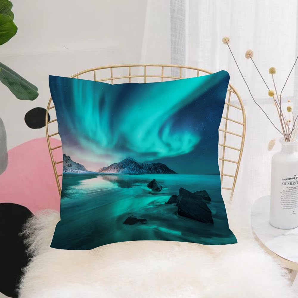 Hyosxw Northern Lights In Lofoten Islands Norway. S - A1 Cushion Cover,Throw Pillow Case Home Decorative For Living Room Bedroom Sofa Chair 18X18 Inch,Northern Lights In Lofoten Islands Norway. Sky With Polar Lights Stars. With Au,Pillowcase 45X45cm