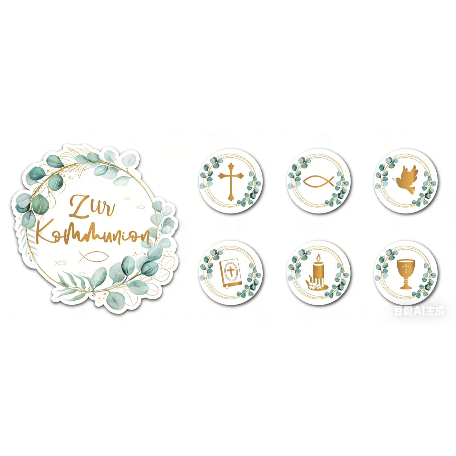 25 Stück Tortendeko Kommunion, Tortenaufleger mit 1 * 14cm Zur Kommunion Tortendeko und 24*Fisch Eukalyptus Cupcake Torte Deko, Erstkommunion Party deko für Mädchen Junge