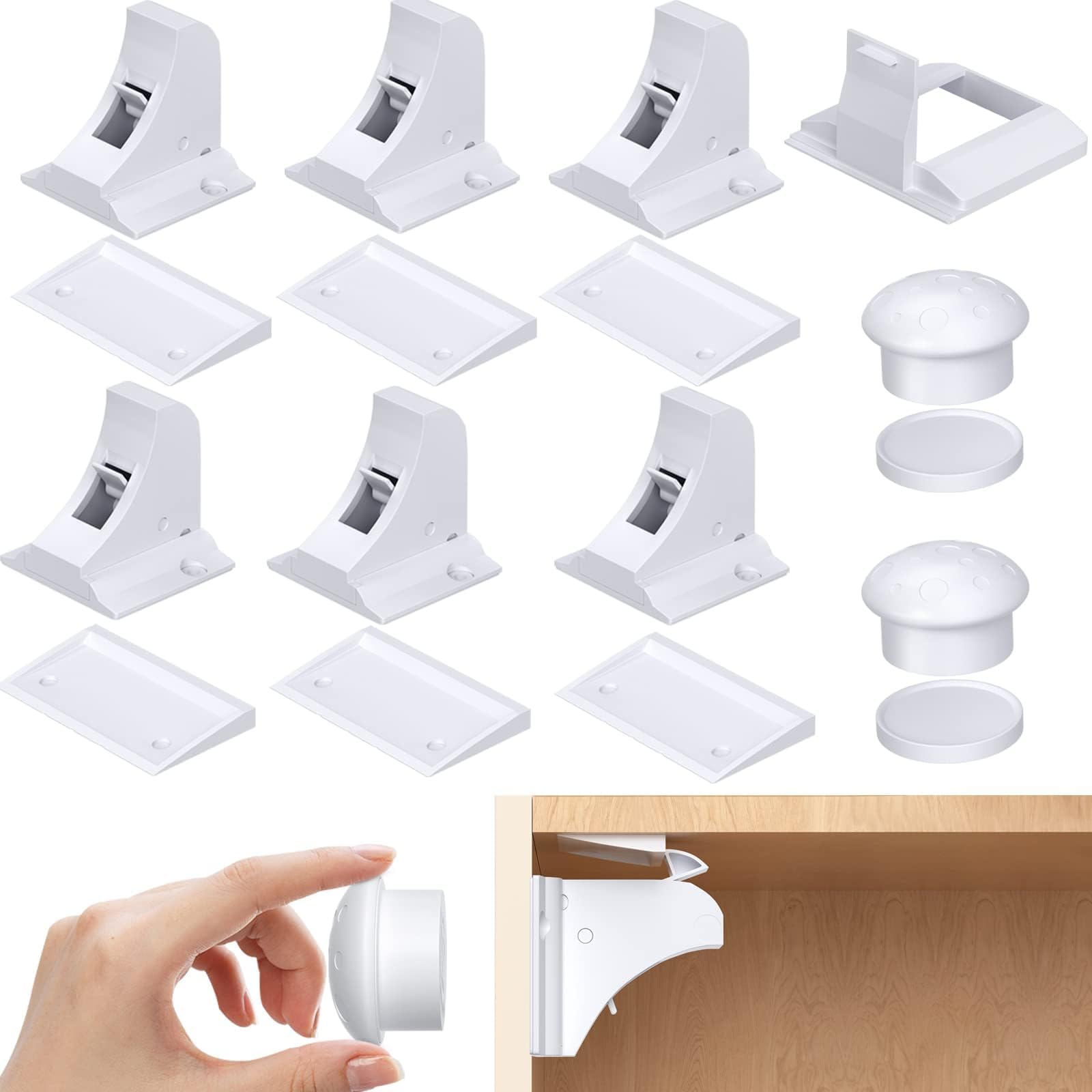 6 Pack Magnetic Child Safety Cupboard Locks with 2 Keys, Babyproof Your Cabinets and Drawers, No Drilling or Screws Needed, Includes 1 Child Safety Lock for Knobs