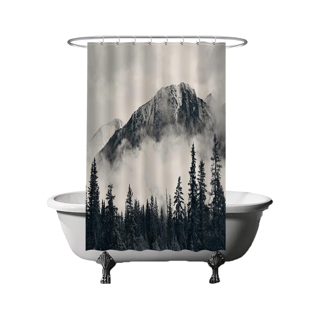 Ulticool Mountains Nature Cloud Forest Shower Curtain - Mountains Nature Mist Forest - 120 X 180 Cm - Washable - Anti Mould - Waterproof - With 8 Rings - White Grey Black