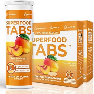 Superfood Tabs – Anti-Bloat Cleanse Drink with 15 Superfoods | Supports Digestion, Energy & Cravings | Vegan, Non-GMO | 60 Effervescent Tabs – Peach Mango Flavor