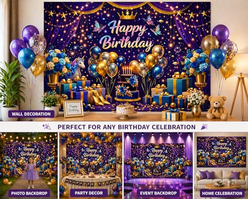 Image of Royal Purple Birthday Backdrop Cloth 5x3 ft - Crown Theme Fabric Banner with Balloons, Cake & Gift Design, Reusable Decoration for Party & Photoshoot