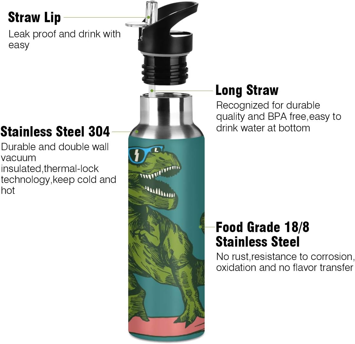 Mnsruu Happy Dinosaur Surfer Wearing Sunglasses Water Bottle for Boys Stainless Steel Vacuum for Kids Insulated Water Bottle Standard Mouth Bottle with Wide Handle - Image 4