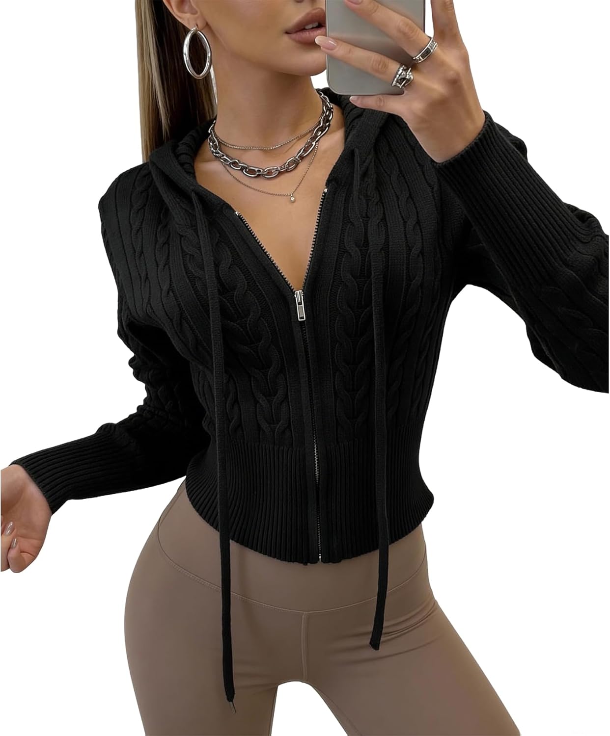 Women's Zip Up Hoodie Cable Knit Sweater Crop Cardigan Sweater 2026 Spring Long Sle...