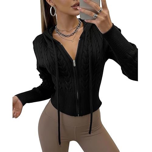 Women's Zip Up Hoodie Cable Knit Sweater Crop Cardigan Sweater