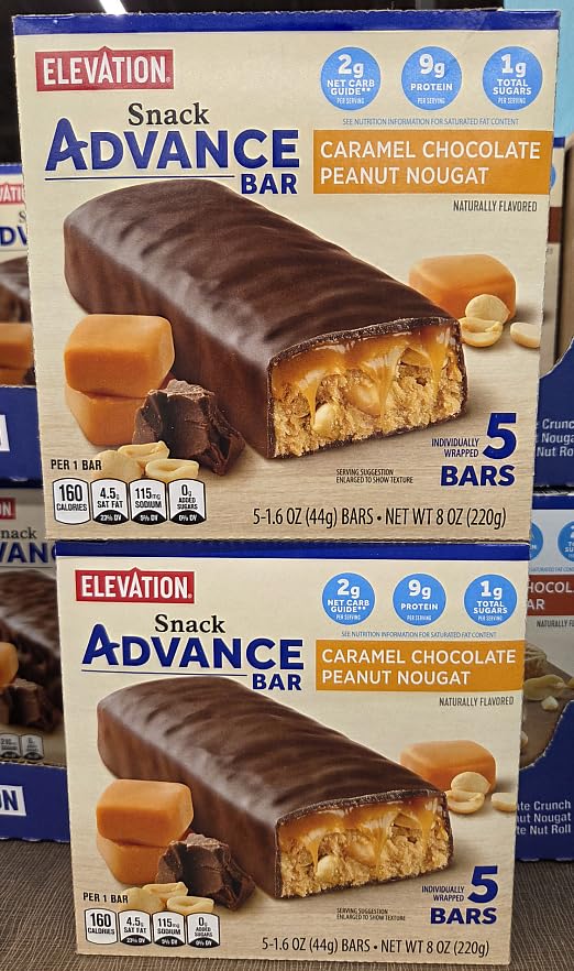 Elevation Caramel Chocolate Peanut Nougat Snack Advance Bar 8oz 220g (Two Boxes)
