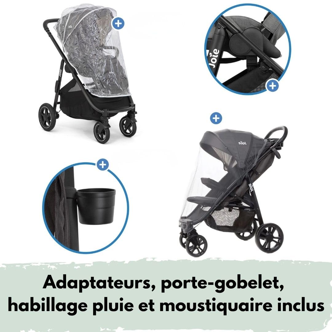 Joie Versatrax Poussette Bébé Réversible jusqu'à 22 kg - Shale | Dès la naissance, position allongée, pliage une main, inclus habillage pluie, adaptateurs et pack accessoires XXL