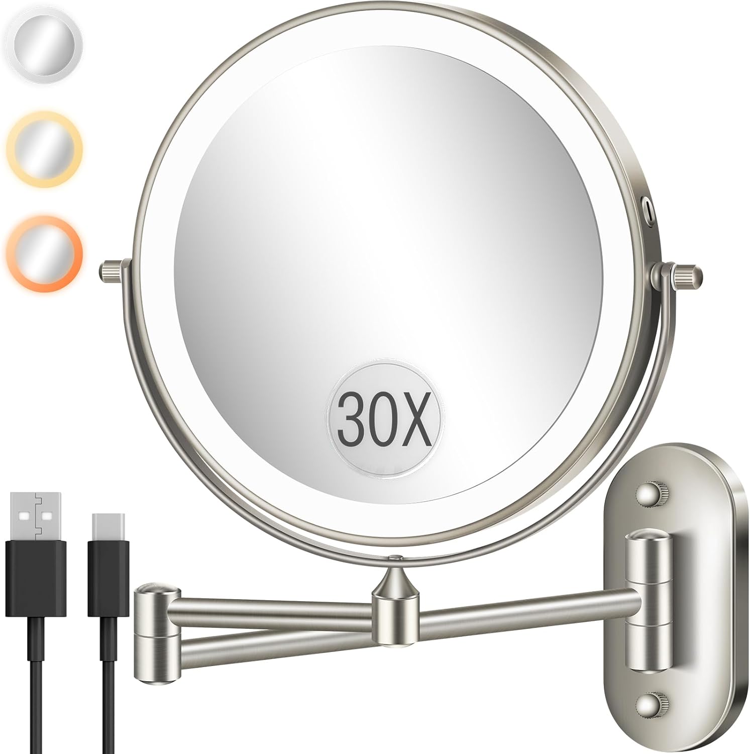 Espejo de pared con luz LED 8" aumento 30X/1X regulable 3 colores