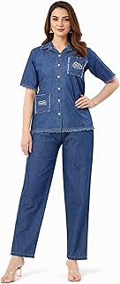 A&amp;H Co-Ord Set for Women Stylish | Kurta Sets for Women | Denim Embroidered Top with Frayed Hem | Soft Denim Wide-Leg Pant...