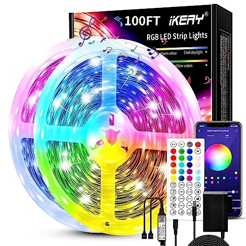 IKERY 100FT RGB LED Strip Lights - APP+Remote Control, Music Sync, 16M Color Changing, 5050 RGB LED, Timer Function - Indoor Smart Lighting for Bedroom TV Party Decor