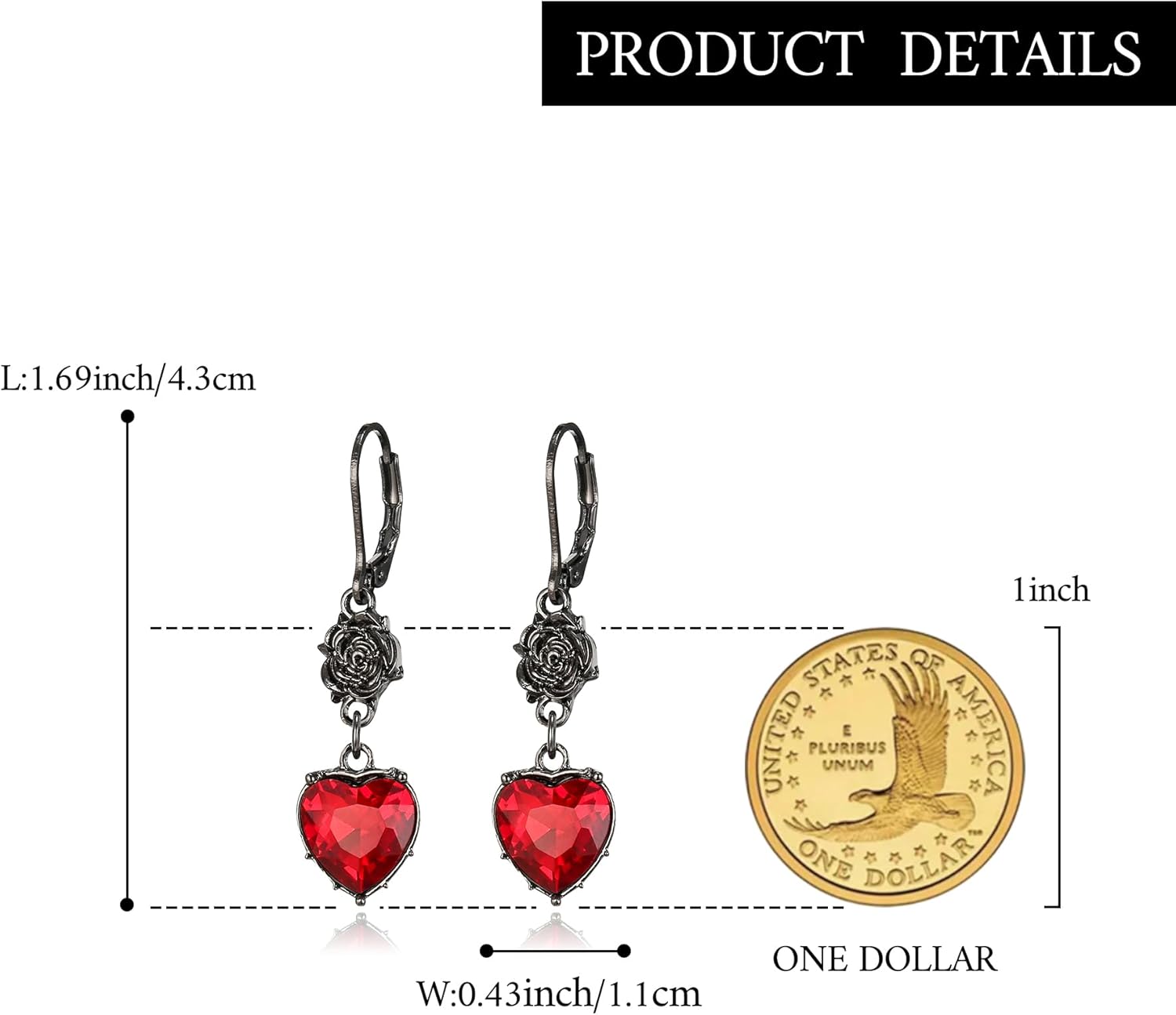 BriLove Halloween Vintage Gothic Earrings for Women,Shiny Rhinestone Rose Flower Red Heart Leveback Earrings Vampire Costume Cosplay Party Prom Accessories - Image 5