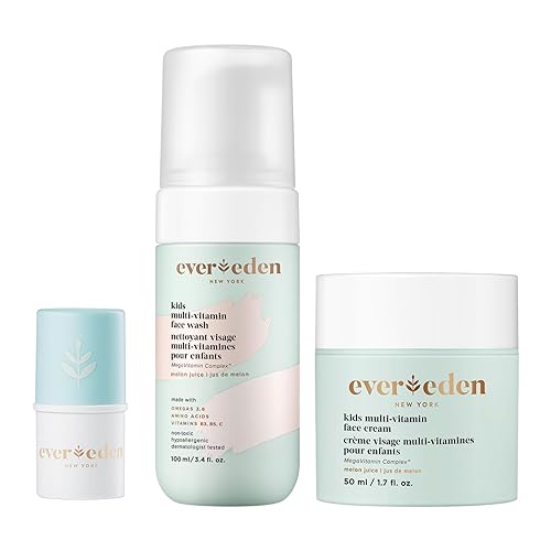 Evereden Kids Happy Face Duo - Jugo de melón y bálsamo labial, juego de lavado facial y crema multivitamínica, cuidado de la piel limpio y vegano