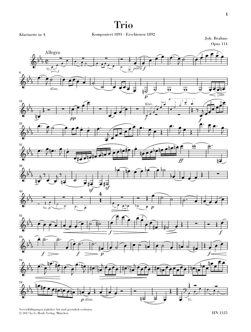 Klarinettentrio a-moll op. 114 für Klavier, Klarinette (Viola) und Violoncello; revidierte Ausgabe: Klarinette (Viola), Violoncello und Klavier