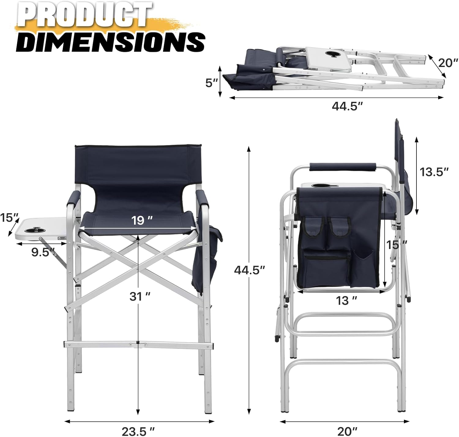 MoNiBloom 44.5'' Tall Makeup Artist Director Chair, Foldable Portable Aluminum Frame Folding Chair with Side Table, Cup Holder and Storage Pockets, 250 lbs Capacity, Navy Blue