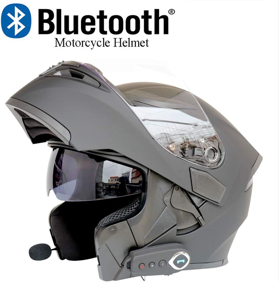 ZHYY Modular Motorcycle Helmets Bluetooth+FM DOT Certification Flip Up Touring Helmets Built-In Dual-Speaker Bluetooth Headset With Microphone For Automatic Answering,Black,L(59~60CM)