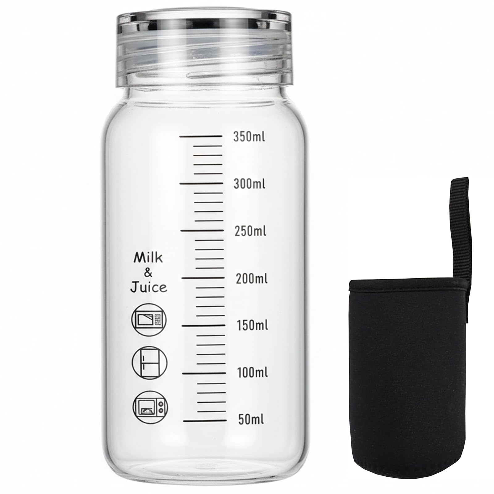 Ameble Clear 350Ml Glass Water Bottle With Measurement Markings, Leak-Proof Lid & Insulated Sleeve, Microwave Safe Travel Coffee Cup