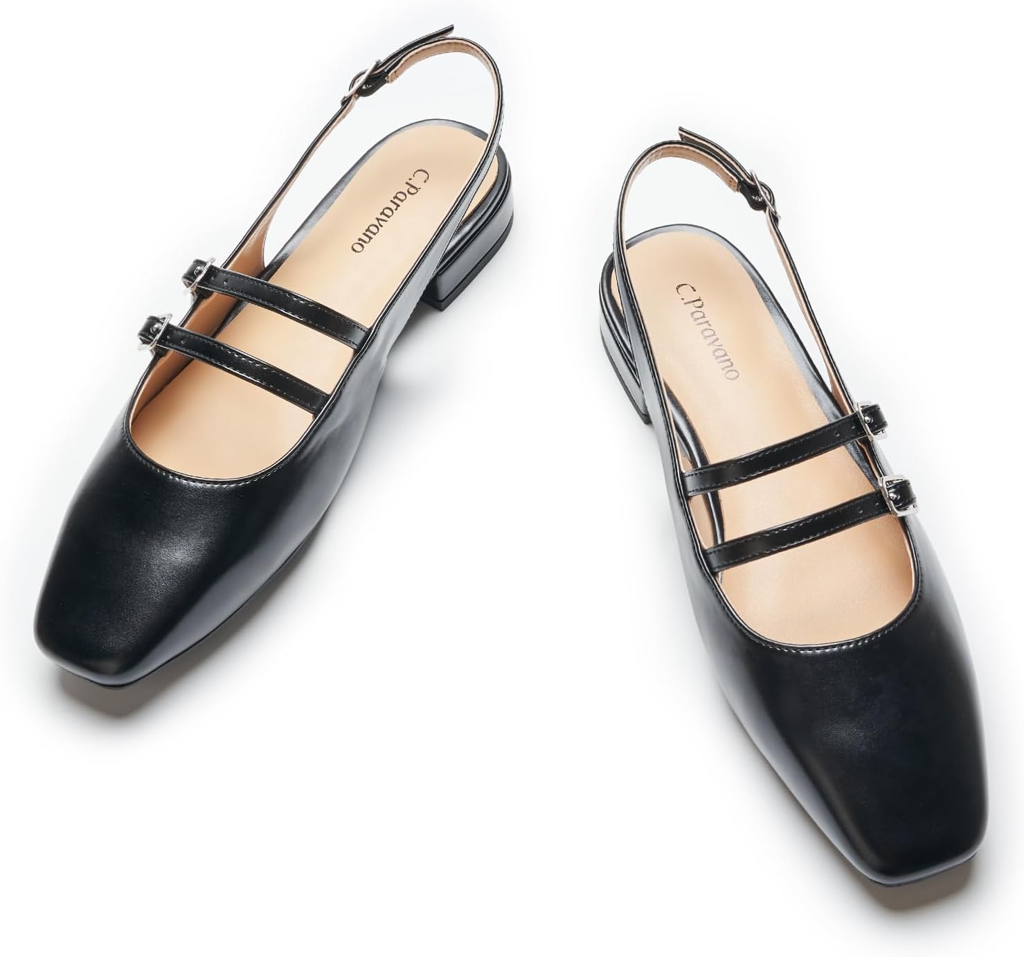 C.Paravano Slingback Flat Sandals Mary Jane Flats Square Toe Block Heel Sandals Adjustable Straps Slip on Fashion Casual Dress Shoes 8.5 Black