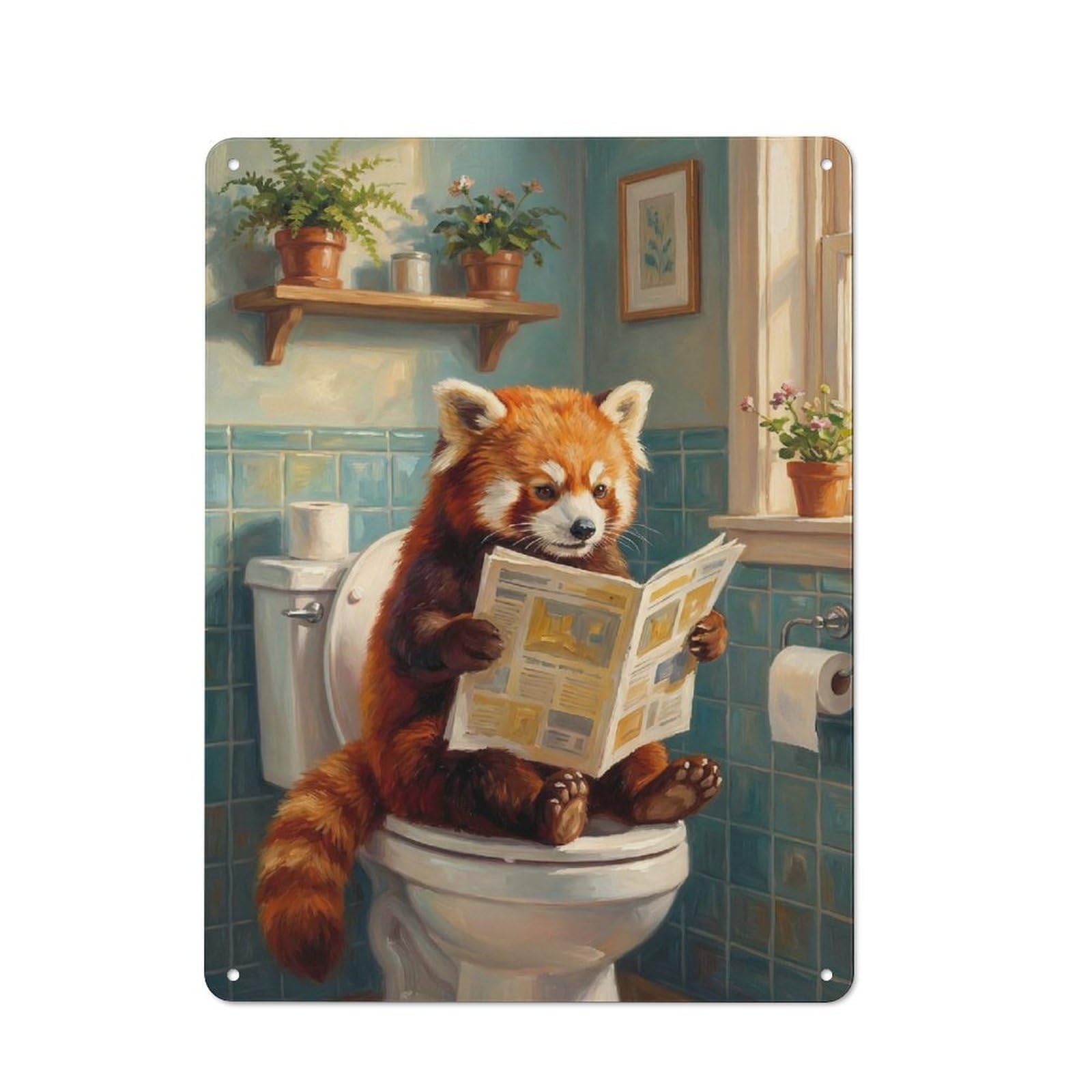 Junmoney Style-12 Retro Metal Wall Sign 40X30cm With Red Panda Reading Newspaper On Toilet For Hallway Wall, Suited To Hallway Decor Lovers