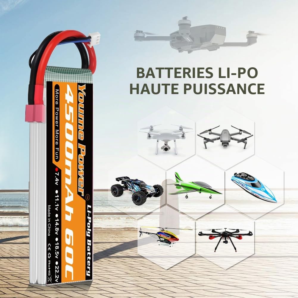 Youme 2S LiPo Batterie 7.4V 4500mAh 60C Prise T pour RC Camion Drone 2pcs