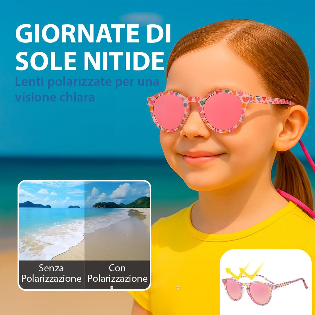 Kiddus Occhiali da Sole Bambina 4–7 Anni Polarizzati UV400 CAT3, Montatura TR90 Flessibile e Leggera, con Cordino Regolabile, Senza BPA, Protezione 100% UVA UVB, Certificati CE