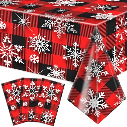 Image of Labeol 3 Pack Christmas Tablecloth, 54 x 108 inch Snowflake Tablecloth for Table Decorations, Disposable Plastic Waterproof Rectangle Table Cover for Christmas Decorations Party Supplies