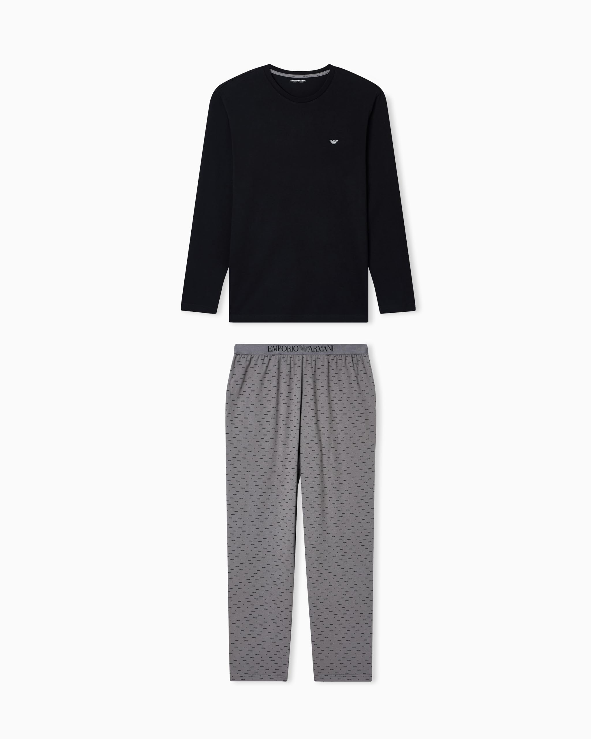 Emporio Armani Herren Schwarz/Grauer Schriftzug Muster L/S Shirt + Hose Pyjama, Größe M