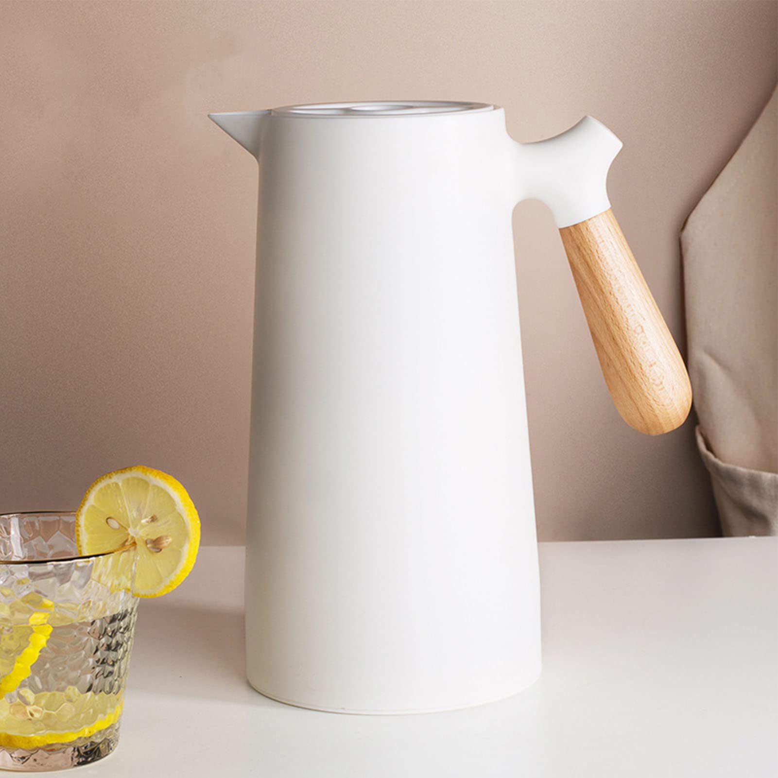 1L Carafe à Café Isotherme, Théière à Café Sous Vide à Double Paroi avec Doublure en Verre, Thermos à Café Isolé avec Poignée en Bois, Gardant Chaud et Froid(Blanc)