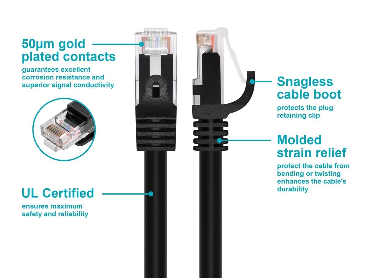 Monoprice Cavo patch Cat6 da 91 cm, nero, 12 pezzi, UTP 24 AWG, 550 MHz, in puro rame nudo antigroviglio, RJ45, serie Flexboot