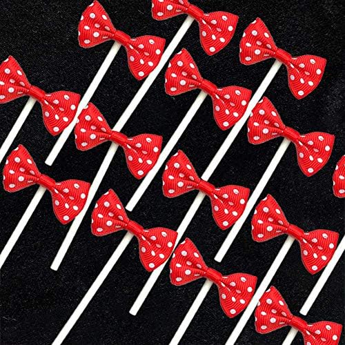 NMAS Bowknot Cupcake Topper 20 PCS Red with Dots, Children's Birthday Baby Shower Party Bow Dots Cupcake Toppers Cake Decoration Supplies