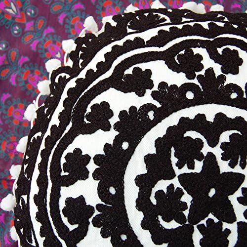 Miniatura 5 de Almohada redonda Suzani bohemia, fundas de cojín bordadas de 16 pulgadas, fundas de almohada decorativas, cojines indios con pompones para