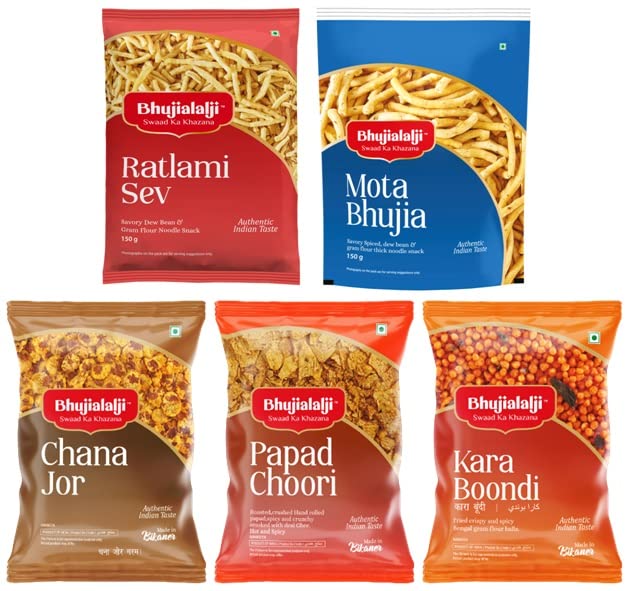 Image of Bhujialalji (Combo pack of 5) 750g | Ratlami Sev | Mota bhujia | Papad choori | Kara boondi | Chana jor | Rajasthani Namkeen | indian Spices | Indian Tea Time Fresh & Mixture | Ready to eat