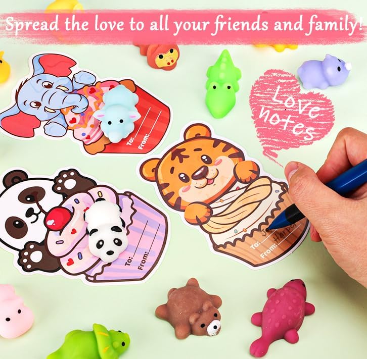 Budbof 28 Pack Valentines Day Gifts for Kids, Mochi Squishies Party Favors Set with Animal Valentines Greeting Cards for Classroom Prizes School Exchange Gifts