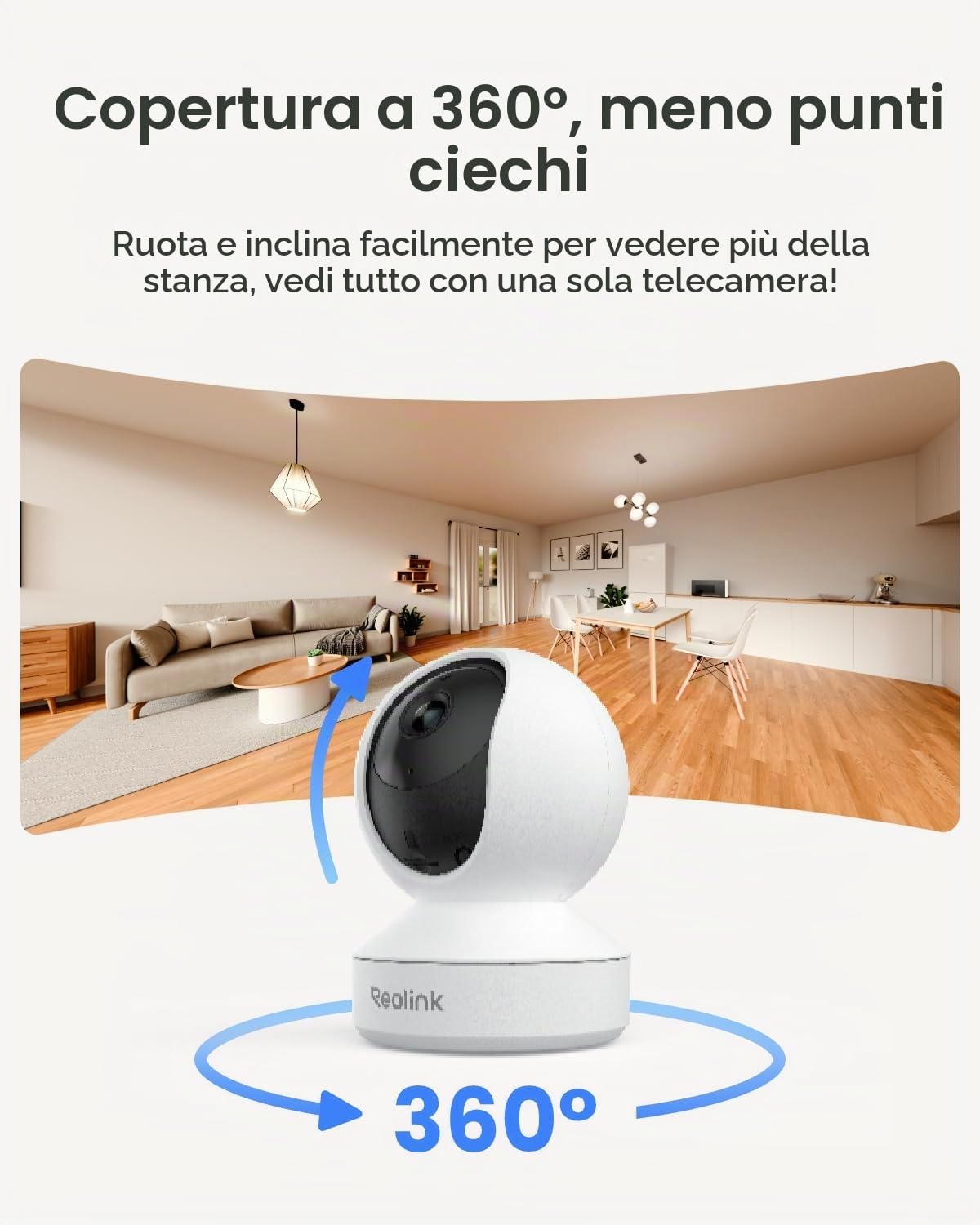 Reolink 4MP Telecamera Interno E1 & Argus MagiCam Magnetica Senza Fili Esterno/Interno, Vista 360°, Auto Tracking, Rilevamento IA, Visione Notturna, Audio Bidirezionale