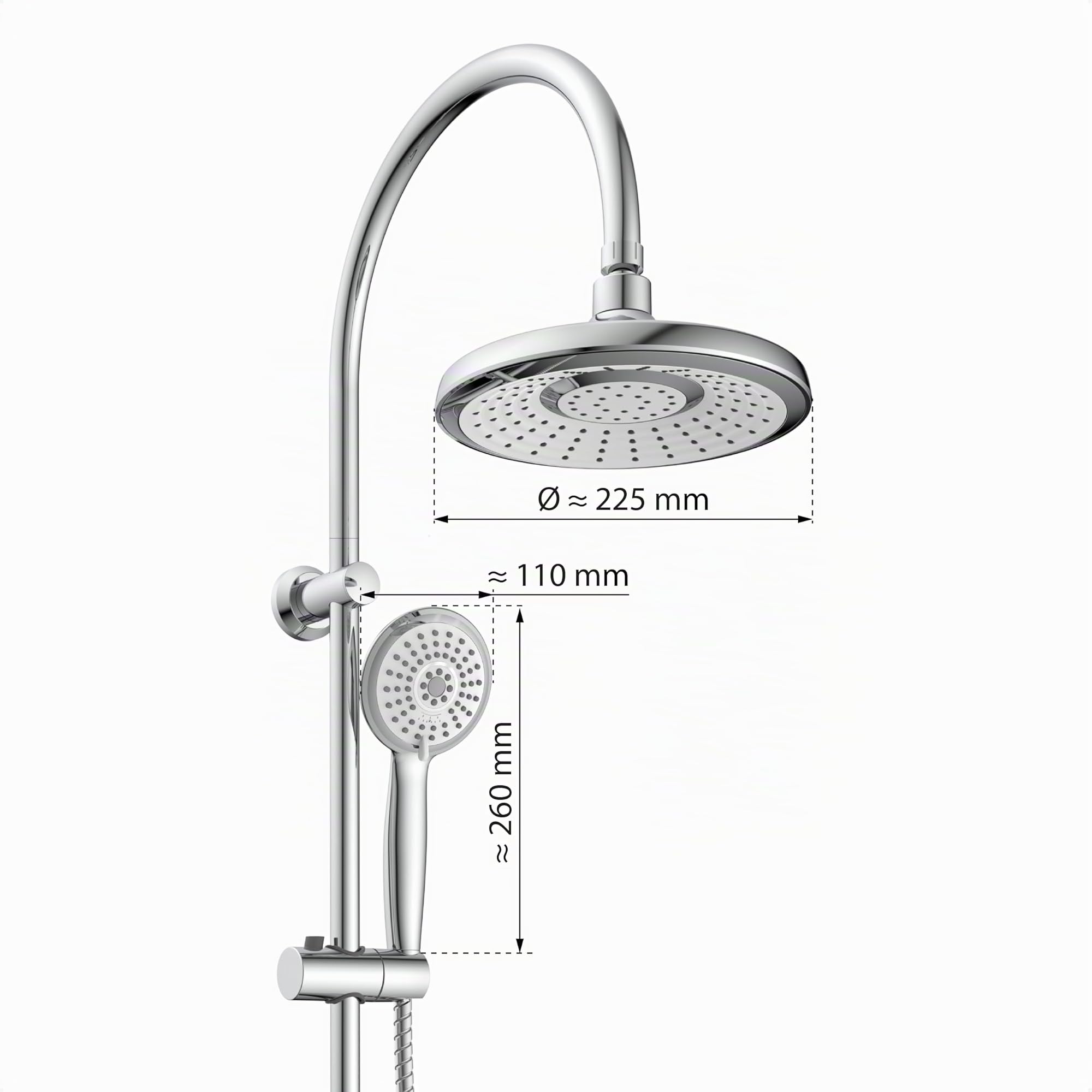 EISL Sommerregen DX1005CS-A Conjunto de ducha sin grifo, conjunto 2 en 1, ducha grande y teleducha, ducha sin grifo, kit de instalación completo, cromo