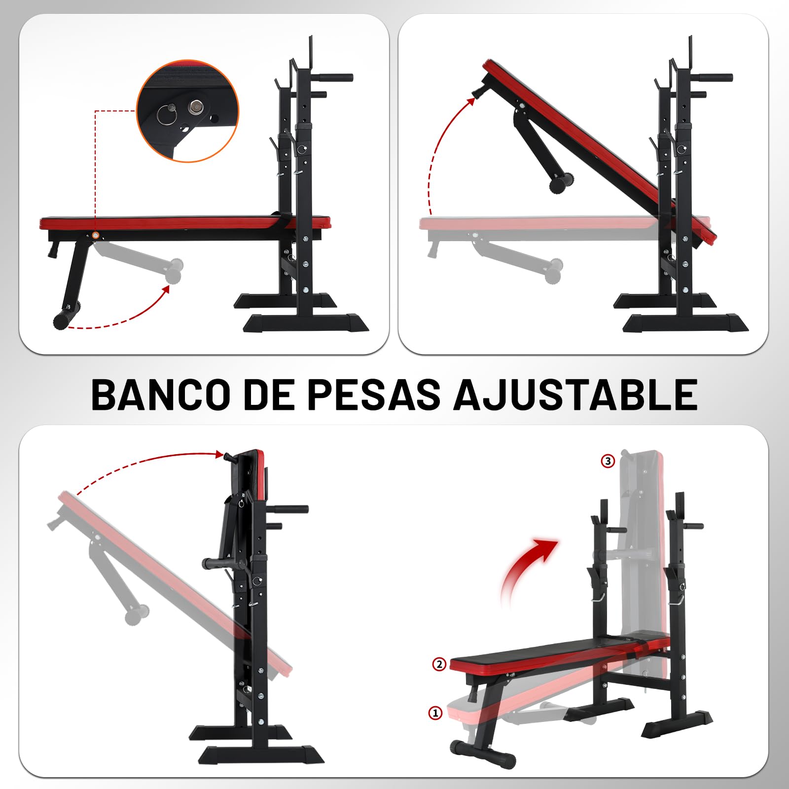 ISE Banco de musculación plegable ajustable con soporte de barras para mancuernas y estación de dips, bancos de musculación ajustables rojo negro 544-BK, blanco negro 544-WH
