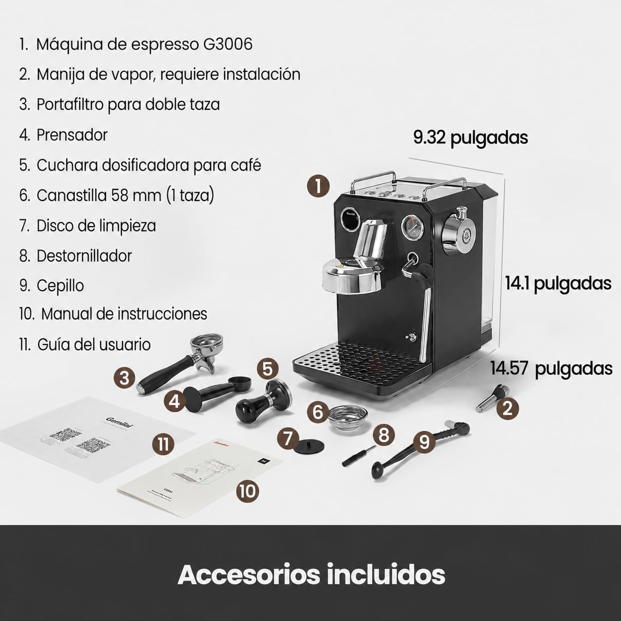 Gemillai Owl G3006, cafetera espresso doméstica, cabezal de grupo comercial de 58 mm y control de temperatura PID, cafetera de acero inoxidable para latte art de calidad barista, expositor, negro