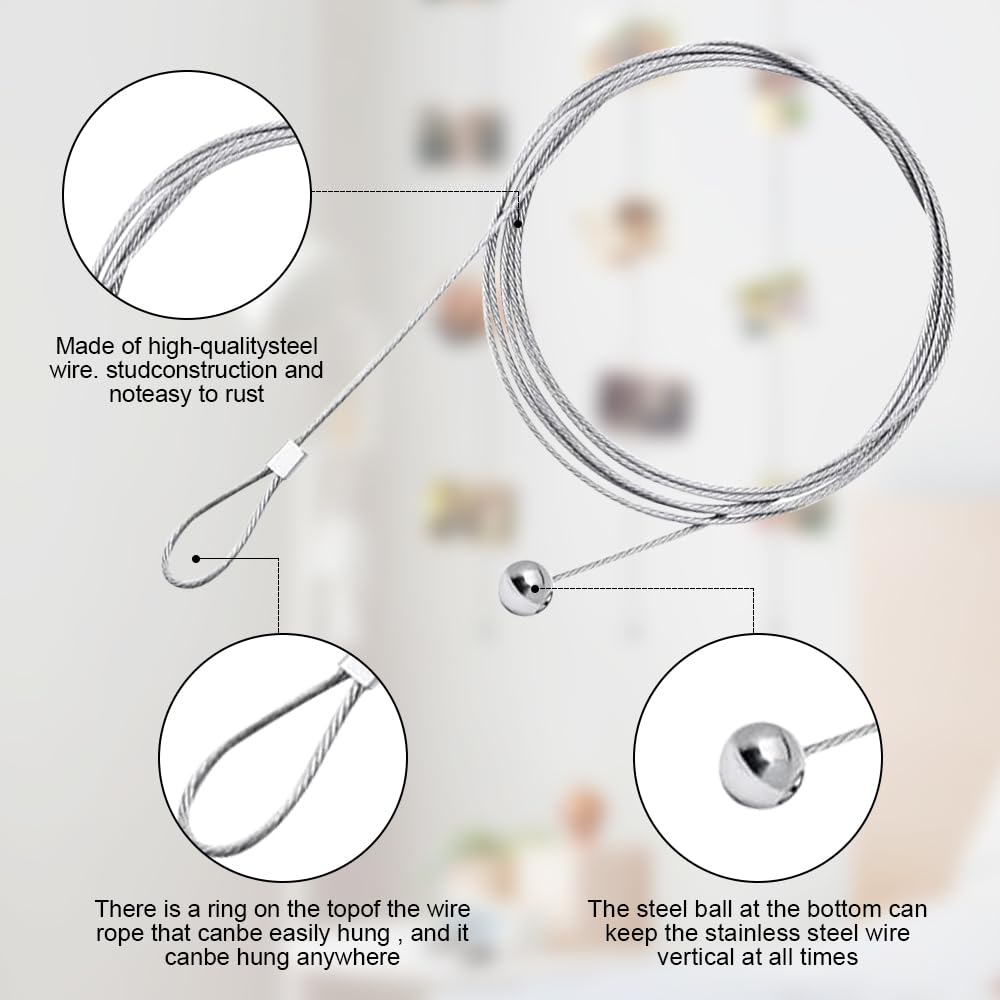 Set Filo Per Appendere Foto Con Magnet - 4 Cavi Metallici 2m E 48 Magnet, Per Esporre Foto E Cartoline - Foto 6