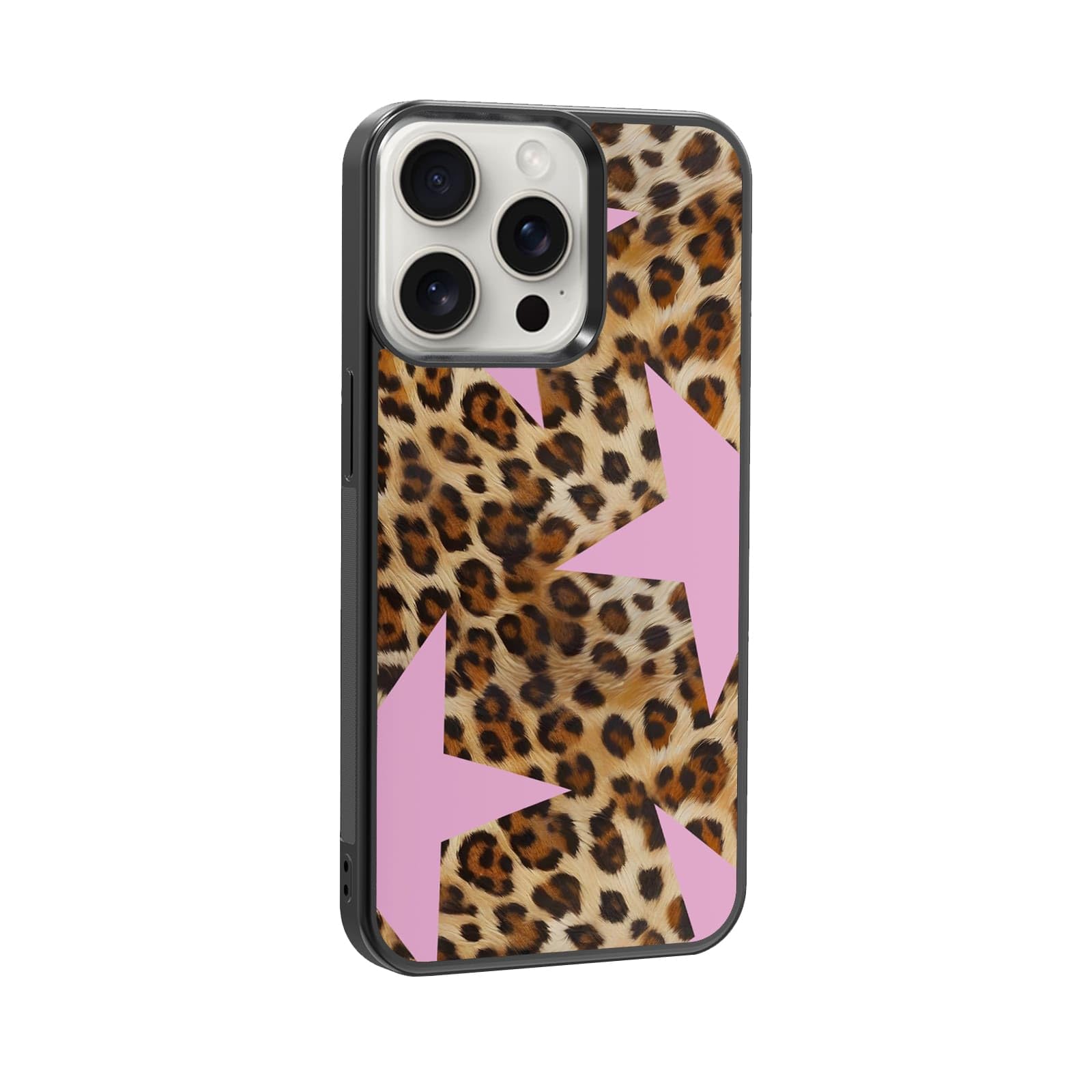 qizjio Pink Cheetah Print Phone Case Shockproof Protective Leopard Y2K Star Phone Cover for iPhone 15 Pro